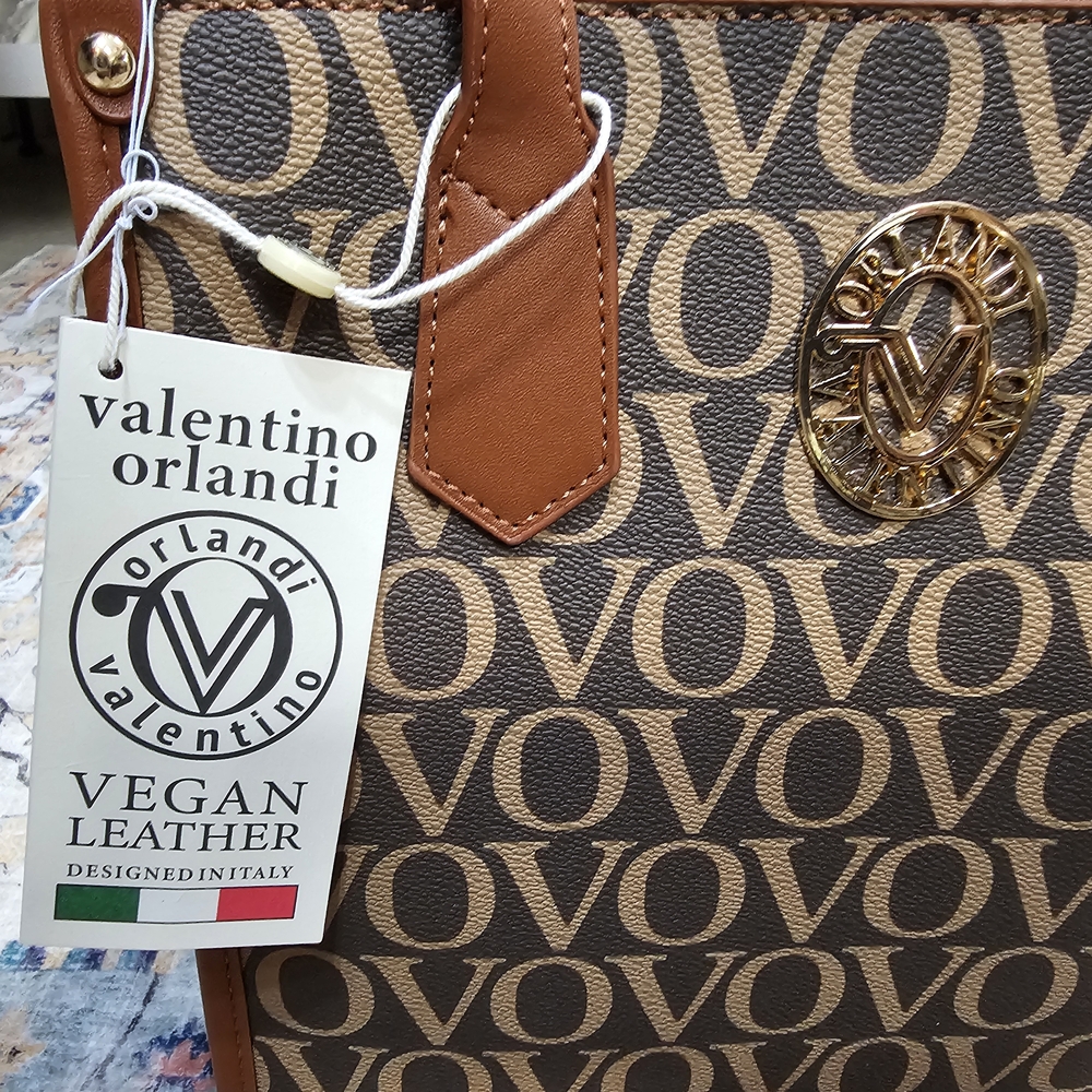 New Valentino Orlandi Vegan Leather Brown Monogram Tote - Picture 4 of 5